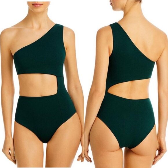Haight Mika Crepe Cut Out One Shoulder One Piece Swimsuit Pine Green L - Picture 3 of 6
